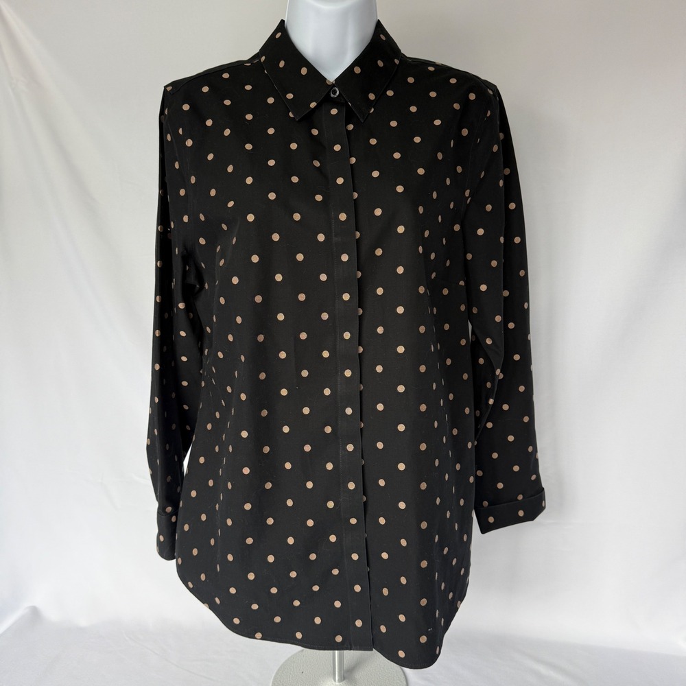 Chico's No Iron Polka Dot Button Down Shirt Black Tan Size 1 Medium 8 10 Classic